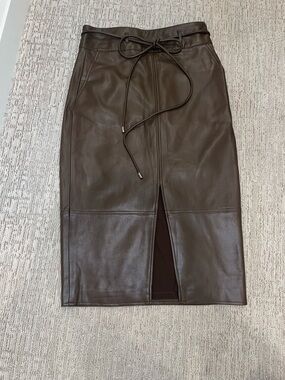 Women's Brown Faux Leather Pencil Skirt with Front Slit